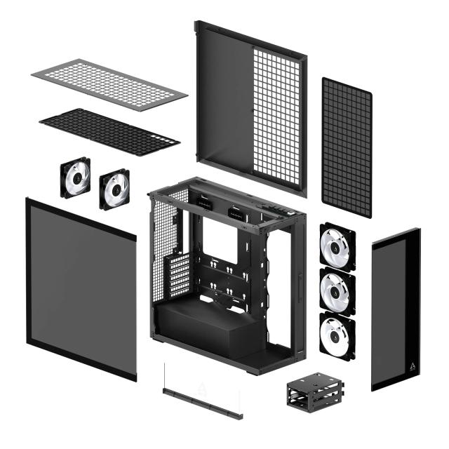 Кутия Arctic Xtender Black, Middle Tower, 1 x USB Type-C 3.2, 1 x USB 2.0, 1 x HD Audio, Mini-ITX / mATX / ATX / EATX