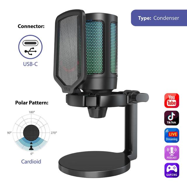 Настолен микрофон FIFINE A6NEO RGB, кондензаторен, USB Type-C, Black