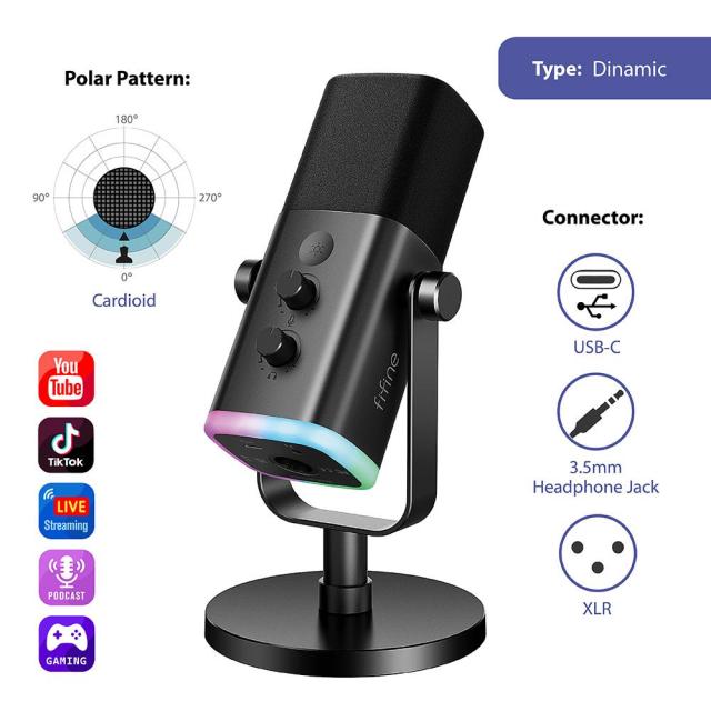 Настолен микрофон FIFINE AM8 Dynamic RGB XLR/USB, динамичен, USB Type-C, Black