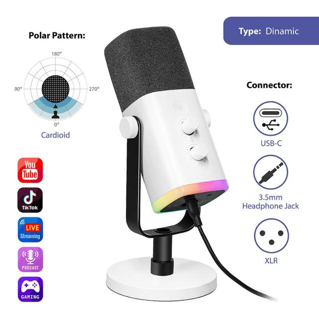 Настолен микрофон FIFINE A6NEO RGB, динамичен, USB Type-C, White