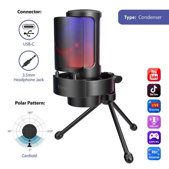 Настолен микрофон FIFINE A8V RGB, кондензаторен, USB Type-C, Black