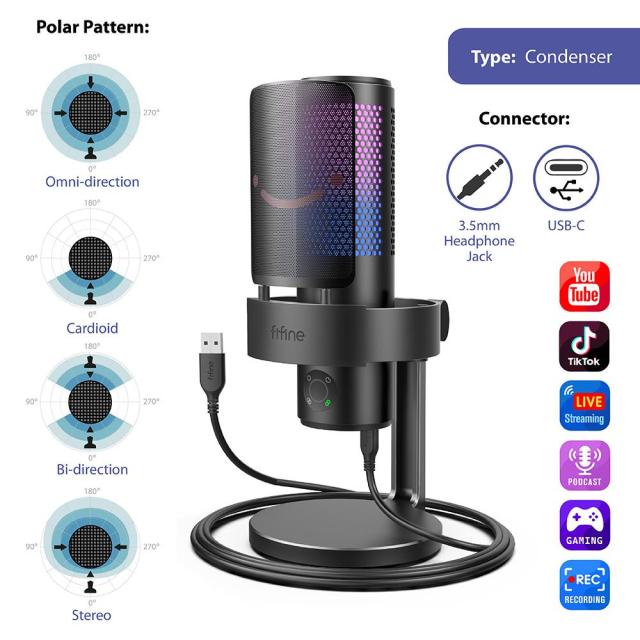 Настолен микрофон FIFINE A9 RGB 4 Polar Patterns, кондензаторен, USB Type-C, Black
