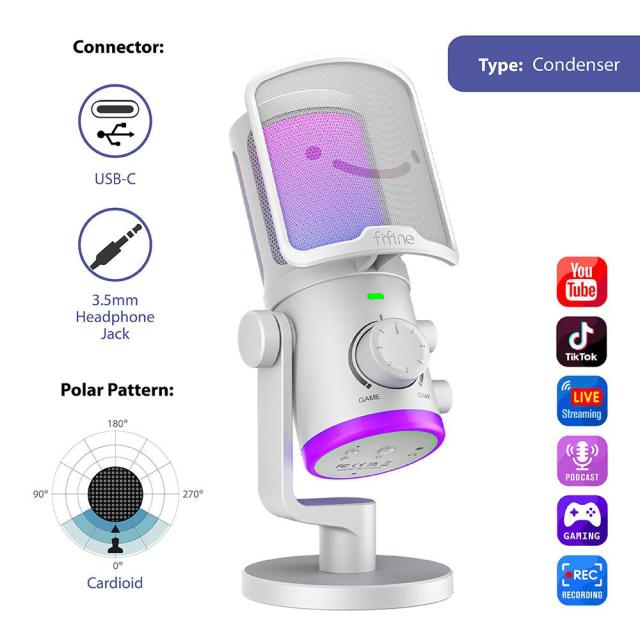 Настолен микрофон FIFINE AM6 RGB, кондензаторен, USB Type-C, White
