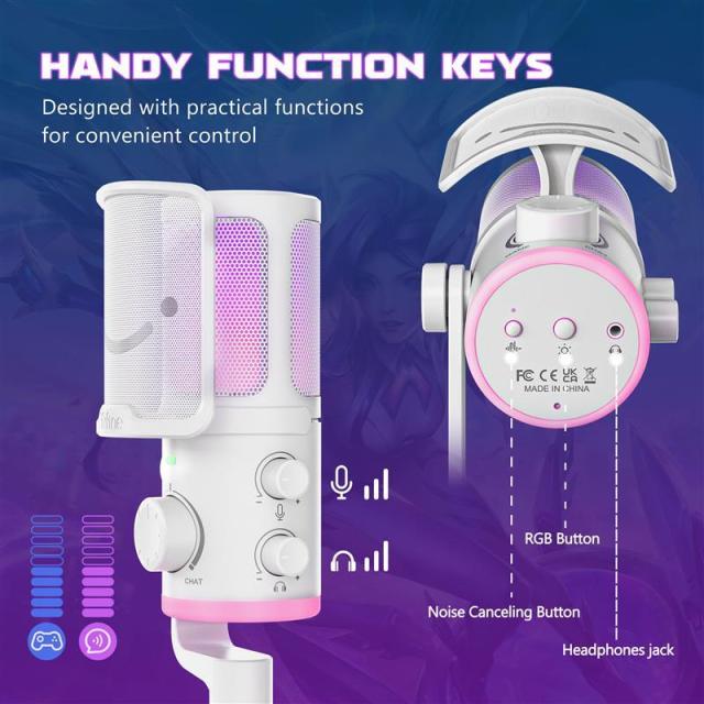 Настолен микрофон FIFINE AM6 RGB, кондензаторен, USB Type-C, White