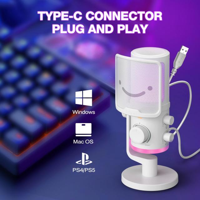Настолен микрофон FIFINE AM6 RGB, кондензаторен, USB Type-C, White