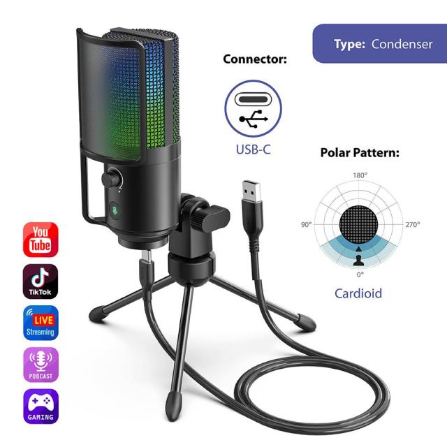 Настолен микрофон FIFINE K669 PRO2 RGB, кондензаторен, USB Type-C, Black