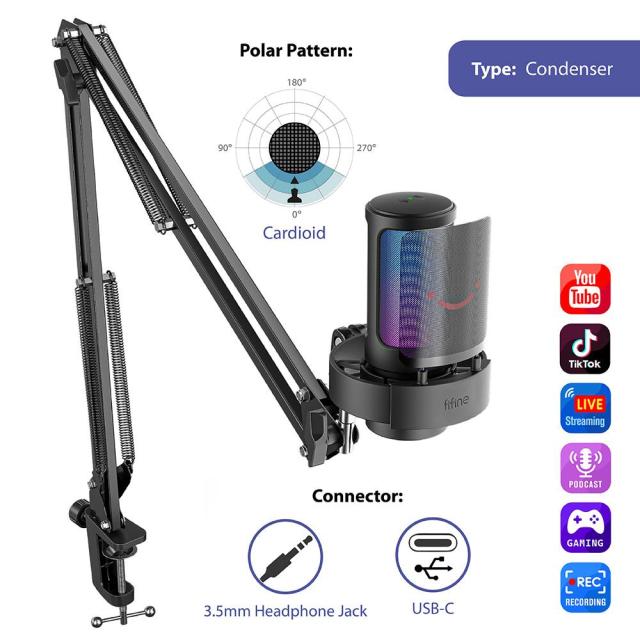 Микрофон със стойка FIFINE A8T RGB, кондензаторен, USB Type-C, Black