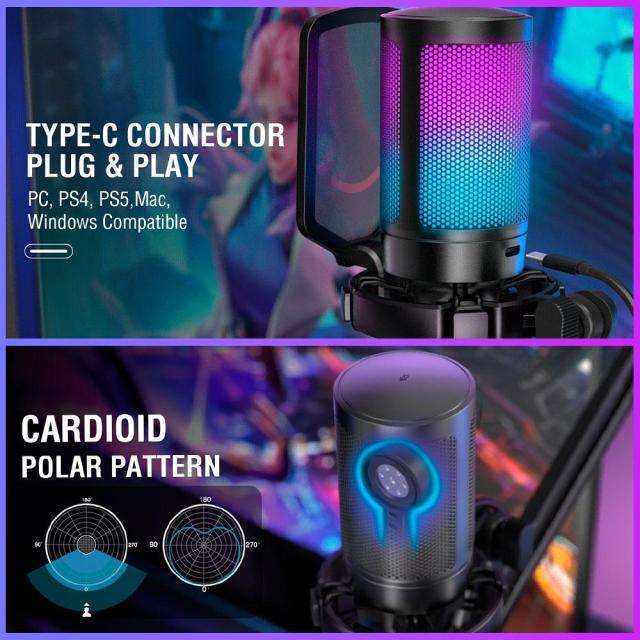 Микрофон със стойка FIFINE A6T RGB, кондензаторен, USB Type-C, Black