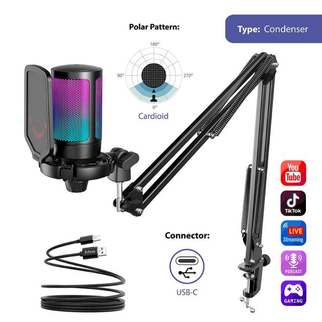 Микрофон със стойка FIFINE A6T RGB, кондензаторен, USB Type-C, Black