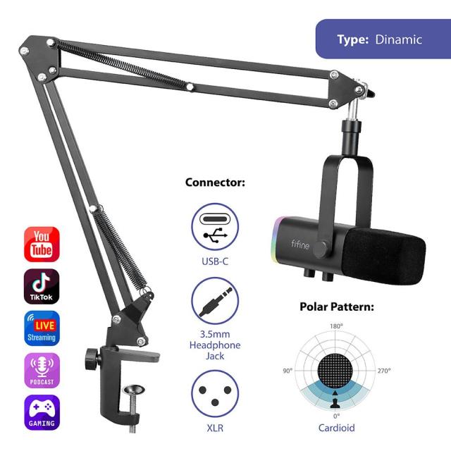 Микрофон със стойка FIFINE AM8T Dynamic RGB, кондензаторен, USB Type-C, 3.5mm, jack 3-Pin XLR, Black