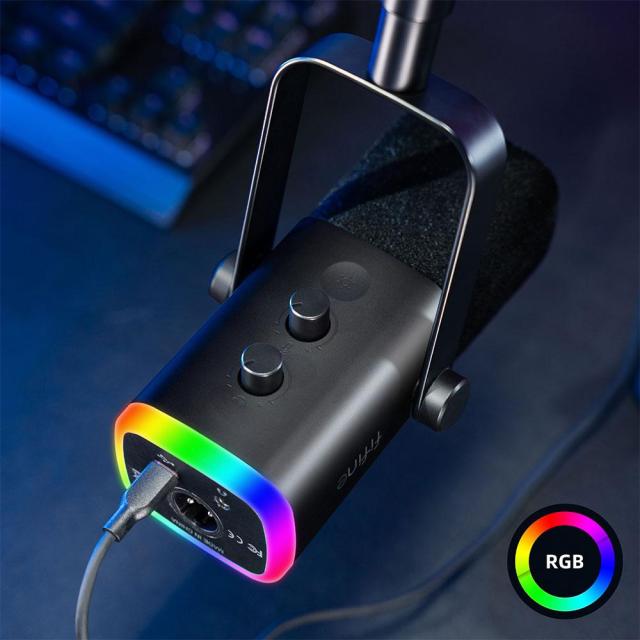 Микрофон със стойка FIFINE AM8T Dynamic RGB, кондензаторен, USB Type-C, 3.5mm, jack 3-Pin XLR, Black