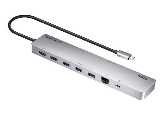 Мултипортов адаптер, ATEN 11-in-1, USB-C Multiport Dock + Power Pass-Through, 2 x HDMI, LAN,3.5mm, USB-C, SD Card , microSD, 3 x USB 3.2