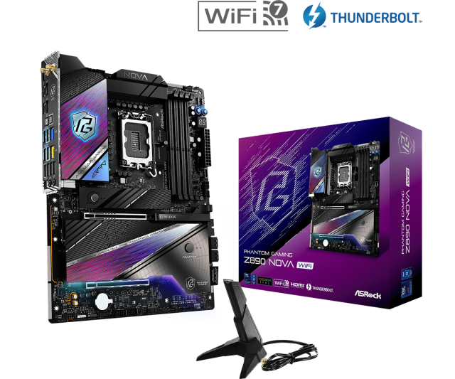 Дънна платка ASRock Z890 NOVA WIFI, LGA1851, 4 x DDR5, 6 x M.2 NVMe, 4 x SATA3 6.0 Gb/s, 2 x 2.5/5 LAN Gigabit, Wi-Fi 7, Bluetooth 5.4, HDMI, ATX