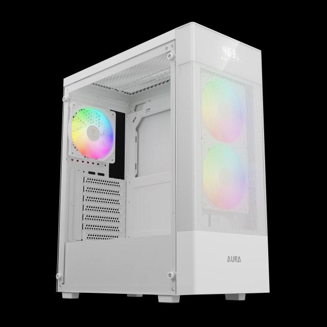 Кутия Gamdias AURA GC5 ELITE ARGB WH, Addressable RGB, Mesh, Digital Display, Middle Tower, 1 x USB 3.0, 2 x USB 2.0, 1 x HD Audio, RGB button, ATX, mATX, Mini-ITX