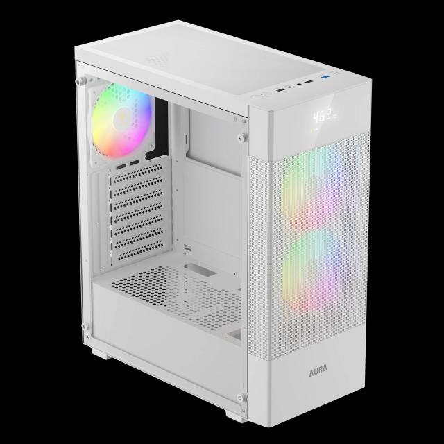 Кутия Gamdias AURA GC5 ELITE ARGB WH, Addressable RGB, Mesh, Digital Display, Middle Tower, 1 x USB 3.0, 2 x USB 2.0, 1 x HD Audio, RGB button, ATX, mATX, Mini-ITX