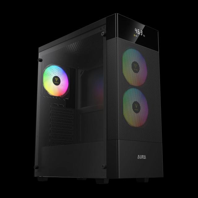 Кутия Gamdias AURA GC5 ELITE ARGB BK, Addressable RGB, Mesh, Digital Display, Middle Tower, 1 x USB 3.0, 2 x USB 2.0, 1 x HD Audio, RGB button, ATX, mATX, Mini-ITX
