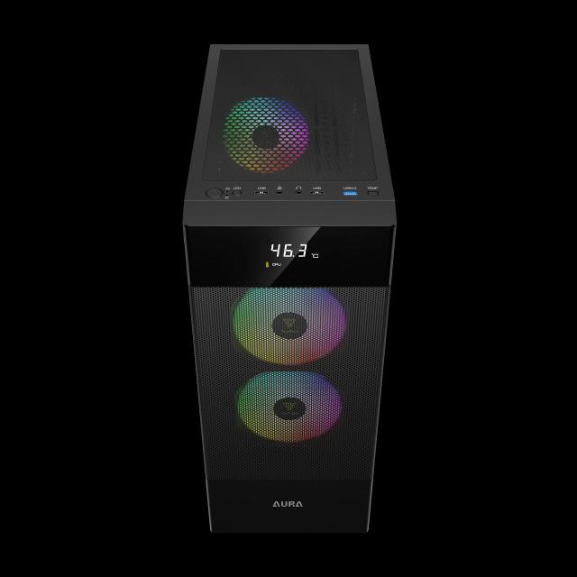 Кутия Gamdias AURA GC5 ELITE ARGB BK, Addressable RGB, Mesh, Digital Display, Middle Tower, 1 x USB 3.0, 2 x USB 2.0, 1 x HD Audio, RGB button, ATX, mATX, Mini-ITX