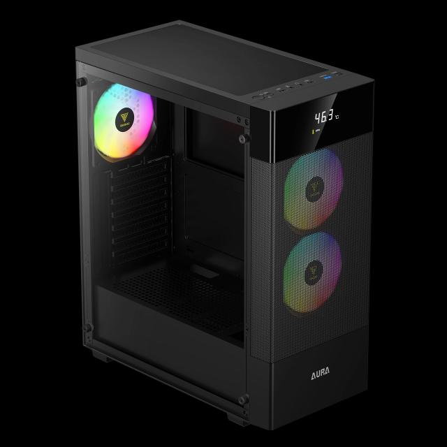 Кутия Gamdias AURA GC5 ELITE ARGB BK, Addressable RGB, Mesh, Digital Display, Middle Tower, 1 x USB 3.0, 2 x USB 2.0, 1 x HD Audio, RGB button, ATX, mATX, Mini-ITX