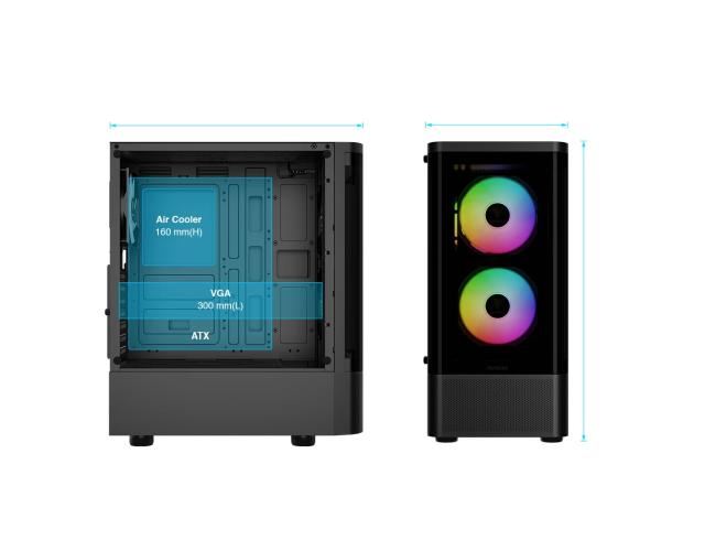Кутия Gamdias TALOS E3 CG A-RGB, Curved Glass BK, Middle Tower, 1 x USB 3.0, 2 x USB 2.0, 1 x HD Audio, RGB button, ATX, mATX, Mini-ITX