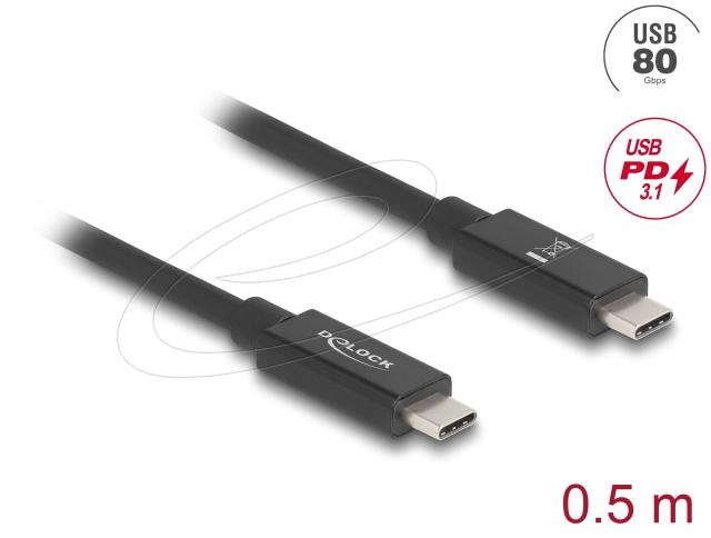 Кабел Delock USB-C мъжко - USB-C мъжко, 0.5 м, 80 Gbps, 16K 60 Hz, PD 3.1 240 W, Черен