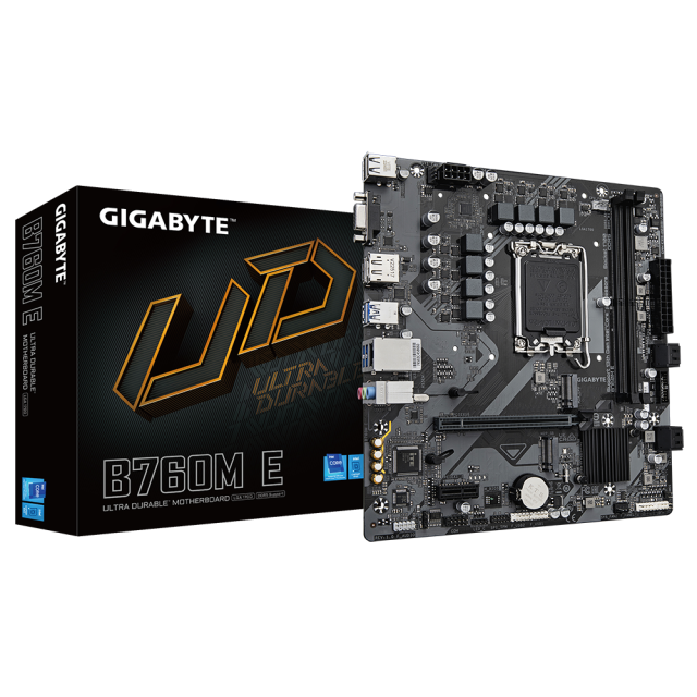 Дънна платка GIGABYTE B760M E, LGA1700, 2x DDR5, 1x M.2, 4x SATA 6Gb/s, VGA, HDMI, DP, mATX