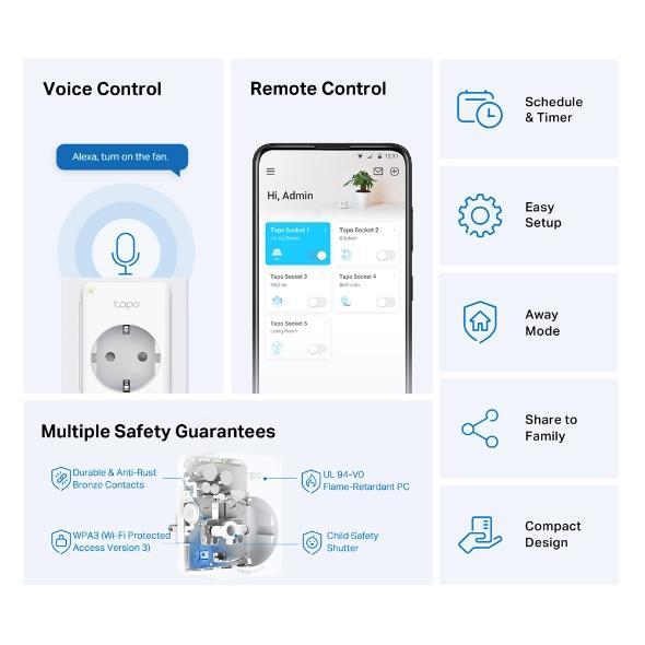 Смарт контакт TP-LINK TAPO P100, 10A, 2300W, 2.4Ghz, задаване на график, таймер