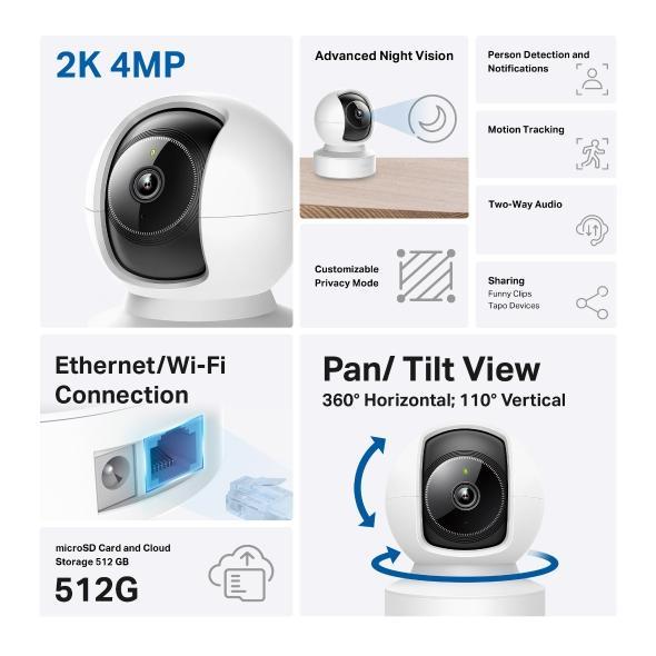 IP камера TP-Link Tapo C222, H.264, IR осветленост (до 12m), куполна Pan/Tilt камери, аудио, Wi-Fi, RJ-45, Micro SD слот до 512 GB, AI проследяване
