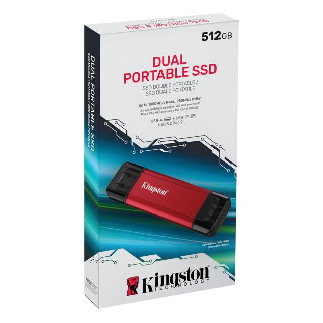 Външен SSD Kingston 512GB, Dual USB-A/C 3.2 Gen 2, Black/Red
