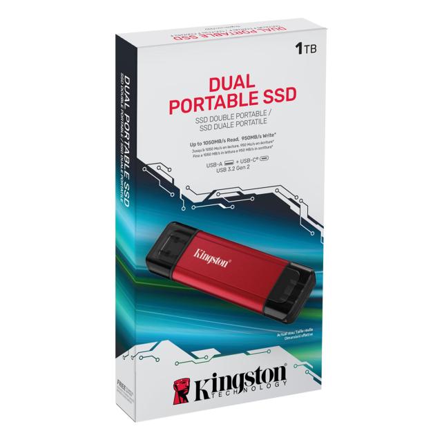 Външен SSD Kingston 1TB, Dual USB-A/C 3.2 Gen 2, Black/Red