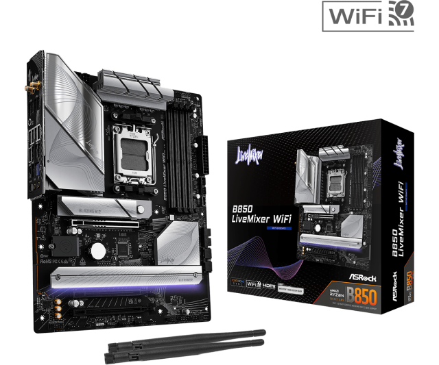 Дънна платка ASRock B850 LIVEMIXER WIFI, AM5, 4x DDR5, 3x M.2, 2x SATA 6Gb/s, Wi-Fi 7, Bluetooth 5.4, HDMI, DP, ATX