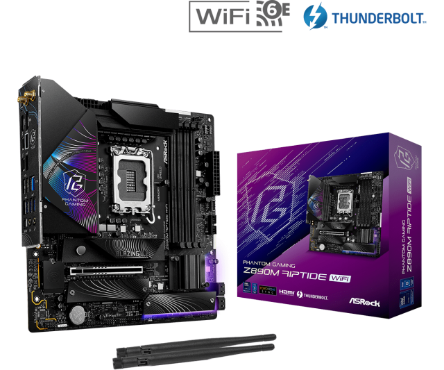Дънна платка ASRock Z890M RIPTIDE WIFI, LGA1851, 4 x DDR5, 3 x M.2 NVMe, 4 x SATA3 6.0 Gb/s, Wi-Fi 6E, Bluetooth 5.3, HDMI, mATX