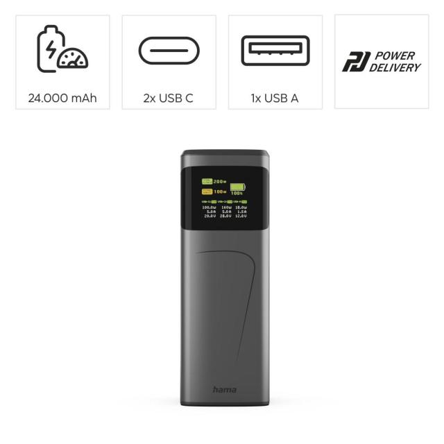 Външна батерия HAMA „High Power“, 24 000 mAh, 200 W, 2x USB-C, USB-A, бързо зареждане