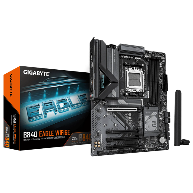 Дънна платка GIGABYTE B840 EAGLE WF6E, AM5, 4 x DDR5, 3 x M.2, 4 x SATA 6Gb/s, Wi-Fi 6E+BT, HDMI, DP. ATX 