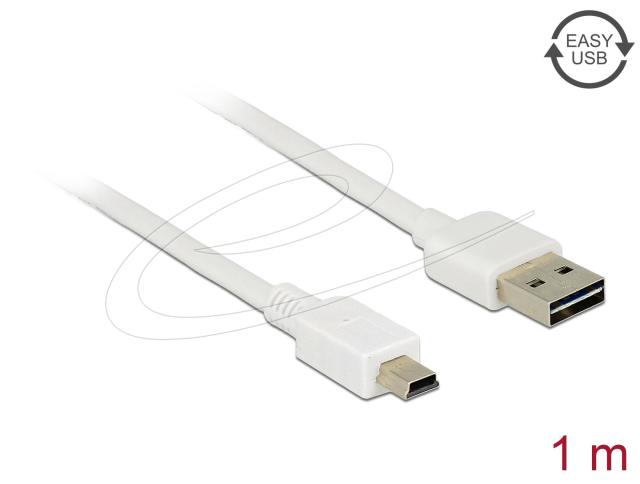 Кабел Delock EASY-USB-A 2.0 мъжко към USB Mini-B мъжко, 1m , бял