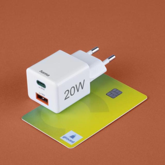 HAMA Бързо мини зарядно 1x USB-C, 1x USB-A, PD, 20 W, бяло
