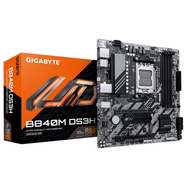 Дънна платка GIGABYTE B840M DS3H WF6, AM5, 4 x DDR5, 2 x M.2, 4 x SATA 6Gb/s, Wi-Fi 6+BT, HDMI, DP. Micro ATX