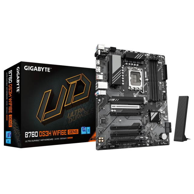Дънна платка GIGABYTE B760 DS3H WF6E GEN5, LGA1700, 4 x DDR5, 4 x SATA 6Gb/s, 2 x m.2, Wi-Fi 6E+BT, HDMI, DP, ATX