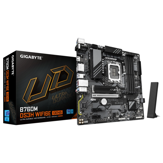 Дънна платка GIGABYTE B760M DS3H WF6E GEN5, LGA1700, 4 x DDR5, 4 x SATA 6Gb/s, 2 x m.2, Wi-Fi 6E+BT, HDMI, DP, MicroATX