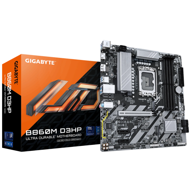 Дънна платка GIGABYTE B860M D3HP, LGA1851, 4 x DDR5, 2 x m.2 Socket 3, 4 x SATA 6Gb/s, HDMI, DP, MicroATX