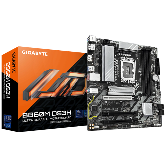 Дънна платка GIGABYTE B860M DS3H, LGA1851, 4 x DDR5, 2 x m.2 Socket 3, 4 x SATA 6Gb/s, HDMI, DP, MicroATX