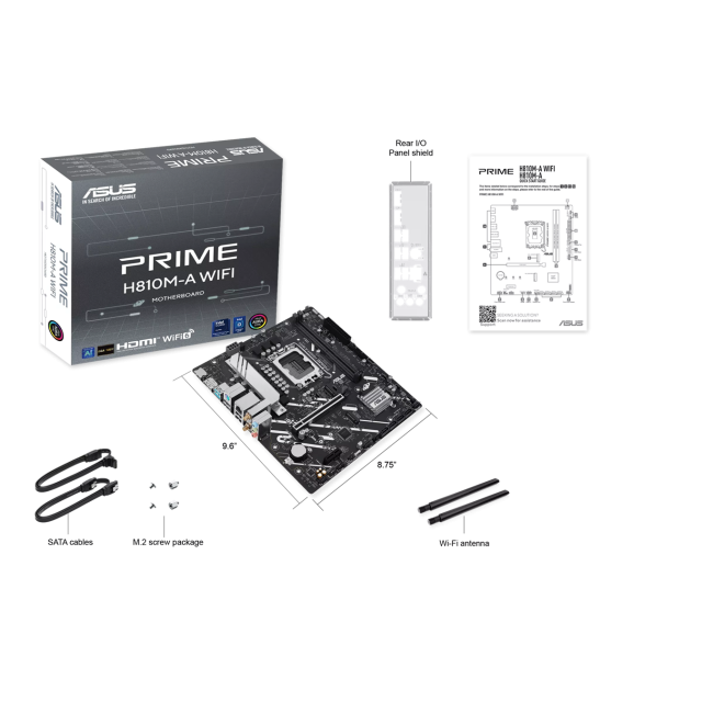 Дънна платка ASUS PRIME H810M-A WIFI, LGA1851, 2x DDR5, 2x M.2, 4x SATA 6Gb/s, Wi-Fi 6, Bluetooth v5.3, HDMI, DP, micro ATX