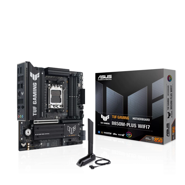Дънна платка ASUS TUF GAMING B850M-PLUS WIFI7, AMD5, 4x DDR5, 3x M.2, 4x SATA 6Gb/s, Wi-Fi 7, Bluetooth v5.4, HDMI, DP, micro ATX