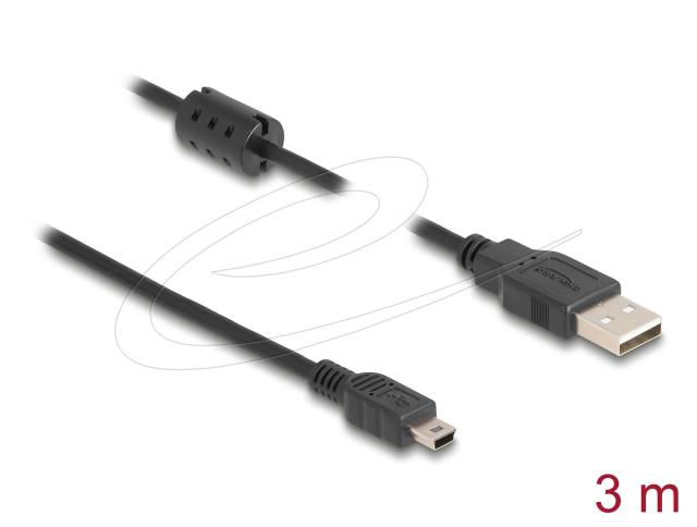 Кабел Delock USB 2.0 Type-A(м) към USB 2.0 mini-B(м), двойно екраниран, трансфер до 480 Mb/s, 3.0m,  Черен