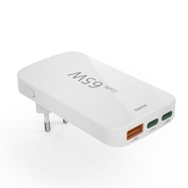 HAMA Бързо мини зарядно, 65W, 2x USB Type-C, 1x USB-A, PD