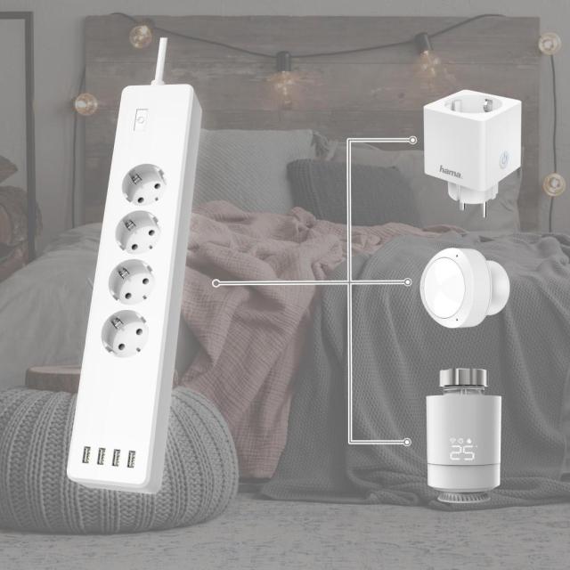 Смарт разклонител HAMA Wi-Fi  2.4Ghz, 4 гнезда, 4xUSB, 1.7 m, бял