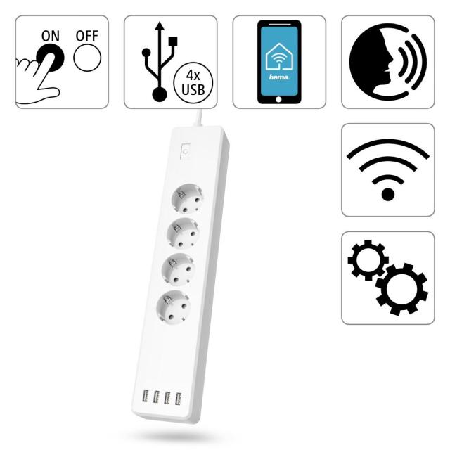 Смарт разклонител HAMA Wi-Fi  2.4Ghz, 4 гнезда, 4xUSB, 1.7 m, бял