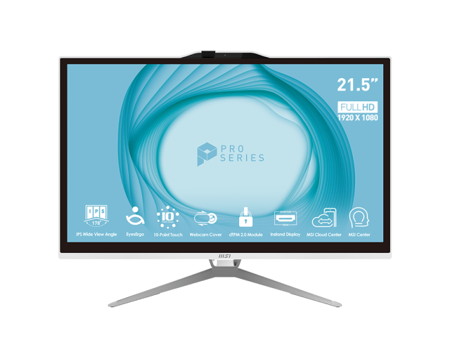 Компютър MSI PRO AP222T 13M-435EU, All-in-One, Intel Pentium Gold G7400 2C (3.70 GHz, 6MB Cache), 21.5" (54.61 cm) FHD IPS, Touchscreen, 4GB DDR4, 512GB SSD M.2 NVMe, Wi-Fi 5+BT, 2xRJ-45, HDMI, Windows 11 Pro