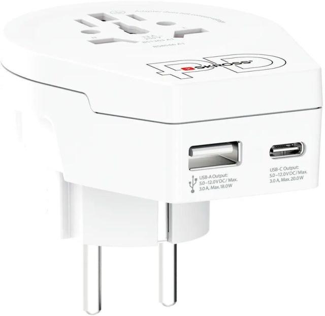 Адаптер SKROSS World to Europe 1500295E, USB-A, USB Type-C, Бял
