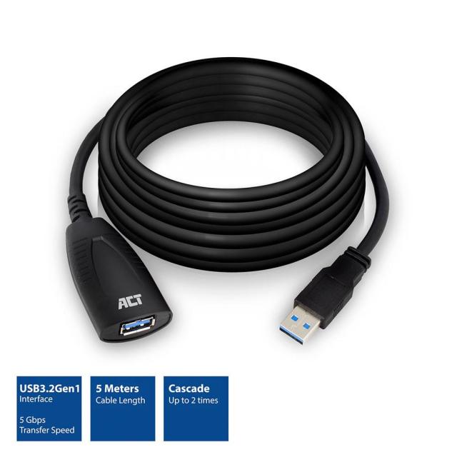Удължителен активен кабел ACT USB-A(м) къмUSB-A(ж), USB 3.2 Gen 1, 5м