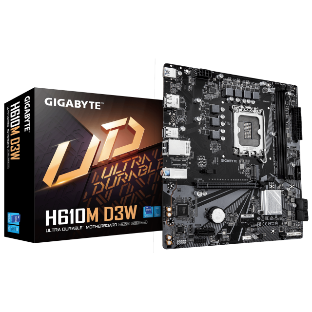 Дънна платка GIGABYTE H610M D3W, LGA1700, 2x DDR5, 1x M.2, 4x SATA 6Gb/s, HDMI, DP, Micro ATX